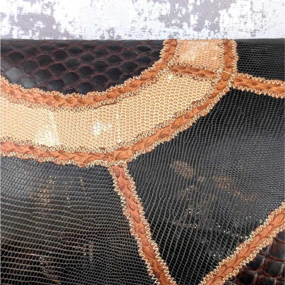 Carlos‎ Falchi Patchwork Leather Clutch Handbag Brown Black Tan Exotic Skin